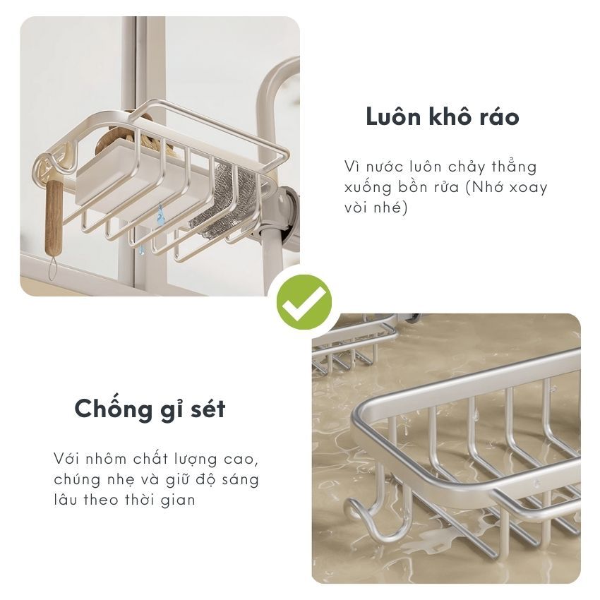 Khay gắn vòi nước bồn rửa bát FEEKA nhôm cao cấp, giá để đồ treo vòi nước phòng tắm đa năng