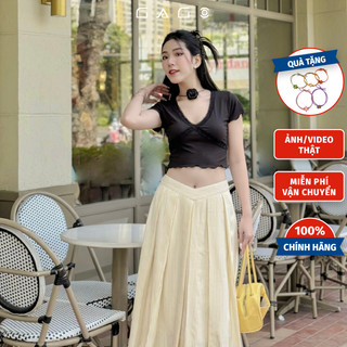 Áo croptop thun nữ phối ren cổ tim tay ngắn, thời trang Hàn Quốc GAGO GA4612