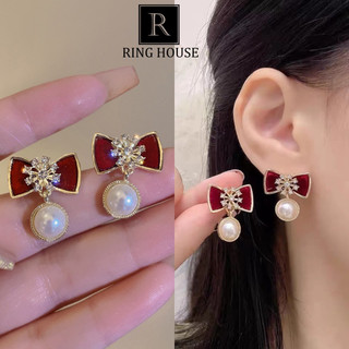 (Chuôi bạc 925) E282 khuyên tai bông tai nữ nơ đỏ thả hạt trai đẹp tiểu thư giáng sinh noel tết 2024
