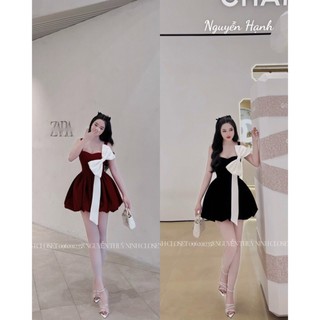 đầm nhung cứng tùng bí có mút lót phối nơ tapa