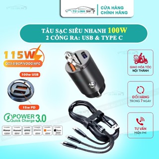 Tẩu sạc nhanh 100W, sạc điện thoại trên ô tô cao cấp, cổng USB và Type C siêu nhanh, có sẵn dây 3 đầu