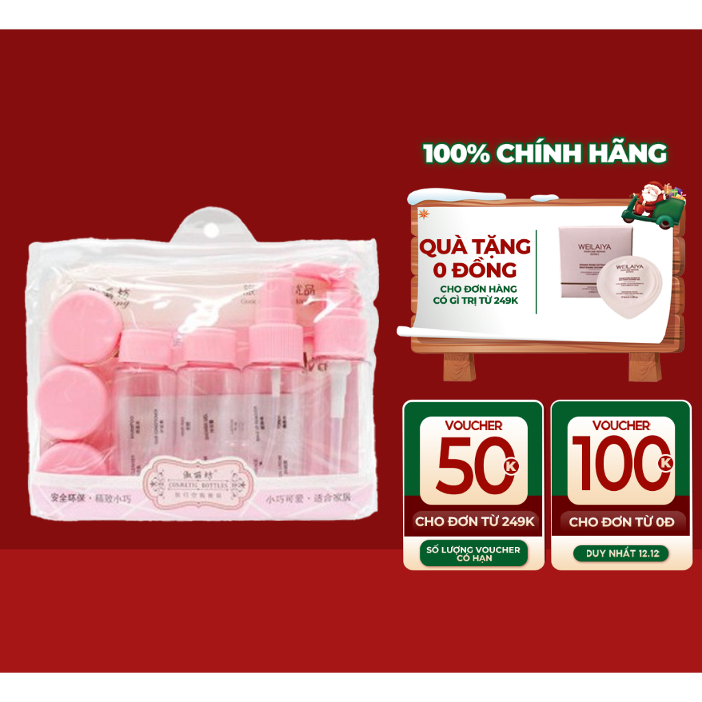 Bộ chiết mỹ phẩm du lịch 7 món nhỏ gọn tiện lợi túi dây rút gồm bình xịt phun sương, lọ nhỏ, túi đựng nhỏ