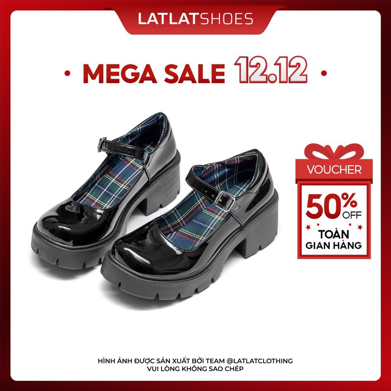 Giày lolita quai gài đế cao 5cm, giày lót đế caro, da bóng cực sang