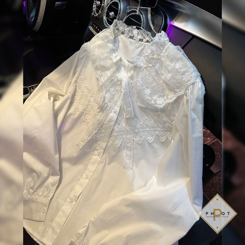 Áo sơmi trắng cổ ren bèo hàng QC