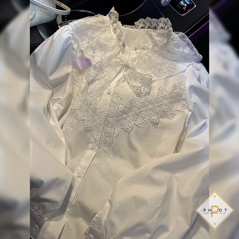 Áo sơmi trắng cổ ren bèo hàng QC