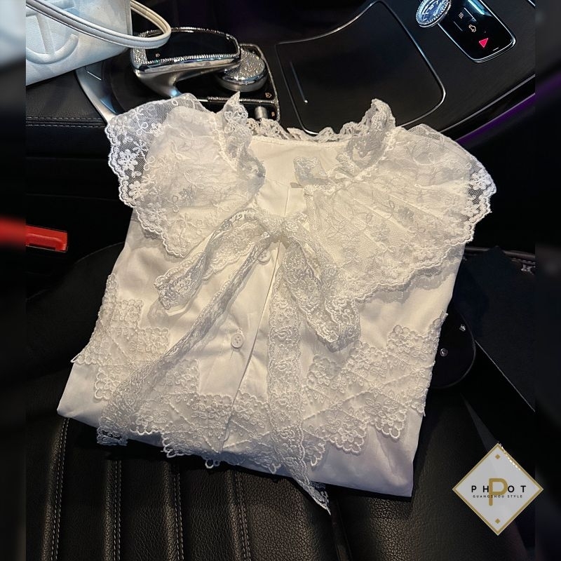 Áo sơmi trắng cổ ren bèo hàng QC