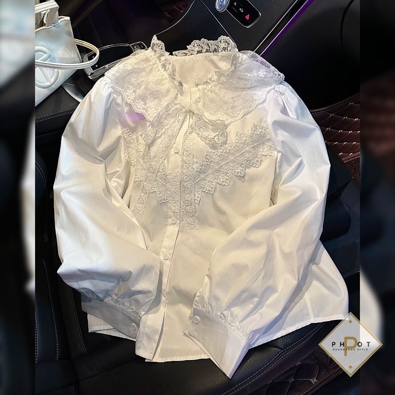Áo sơmi trắng cổ ren bèo hàng QC