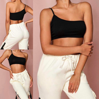  Áo 1 dây lệch vai from croptop ôm thun đen 4 chiều 