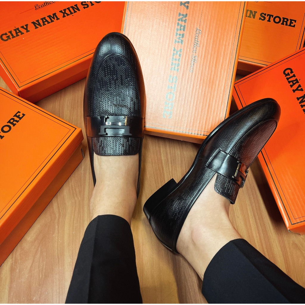Giày Lười Tây Nam GNX Store Cao Cấp Đế Gỗ Phíp Da Bò Nhập Khẩu Phối Khóa Chữ H Đen Và Trắng Bảo Hành 12 Tháng - Mã V04