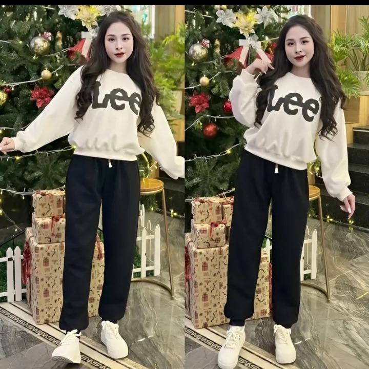 Sét Bộ Nỉ Ép 2 Da Phối Mùa In Chữ Lee - Sét Bộ Quần Áo Nữ Dài Tay Thời Trang Phong Cách Trẻ Trung Nặng Động