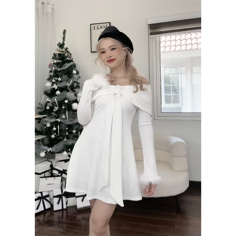 Váy trễ vai len tăm phối nơ Lala crush