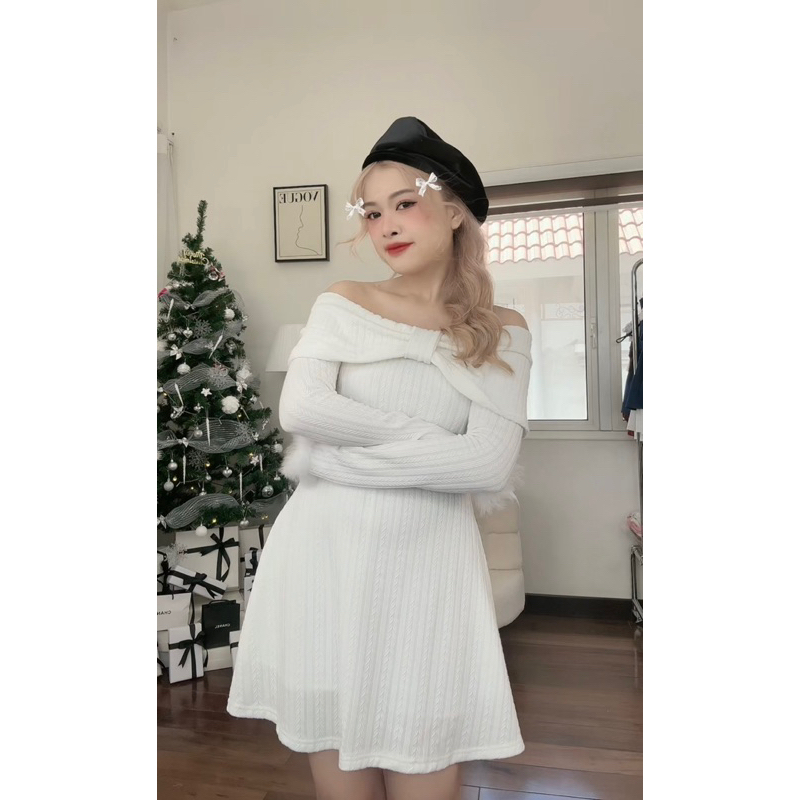 Váy trễ vai len tăm phối nơ Lala crush