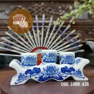 Bộ kỉ/kỷ ngai sen 3 chén 5 chén men trắng phong thủy bày bàn thờ cúng gia tiên sứ Bát Tràng