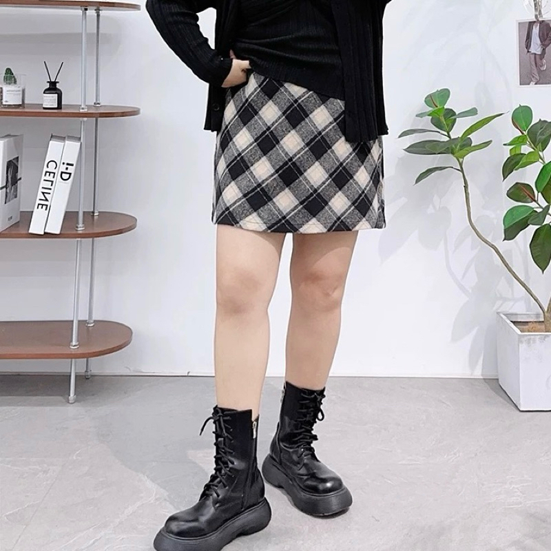 OOTD BIGSIZE | Chân váy dạ kẻ caro ngắn dáng A Quảng Châu