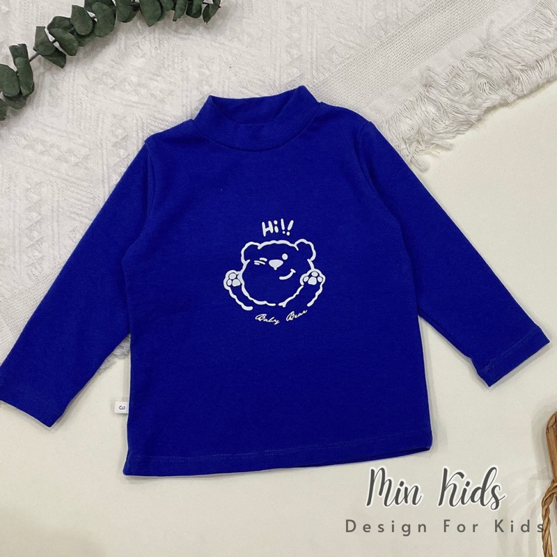 Áo thun dài tay cổ 3 phân, giữ nhiệt thêu hình gấu cho bé
