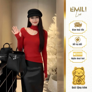 Áo len dài tay Emili, áo len đỏ noel kiểu chéo lệch vai đỏ 