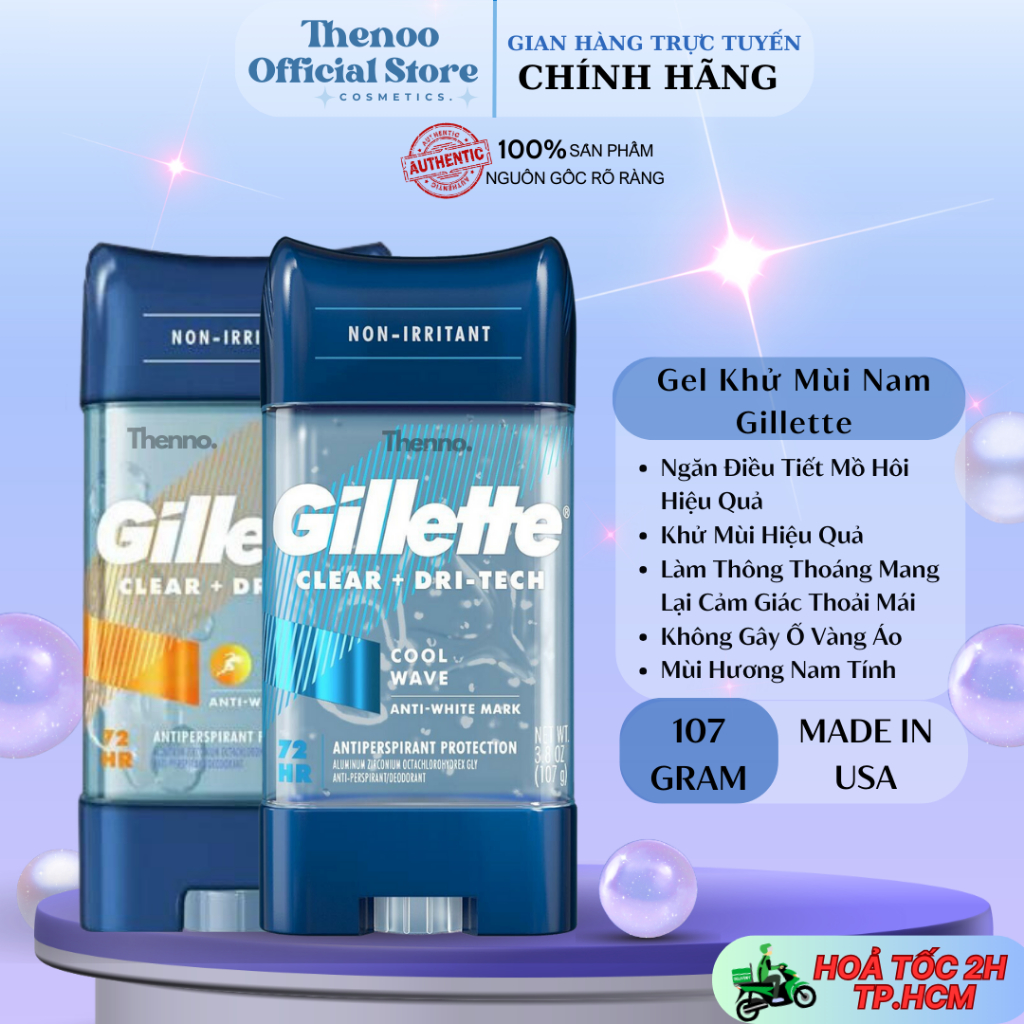 Lăn Gel Khử Mùi Nam Gillette Clear + Dri - Tech Điều Tiết Mồ Hôi 107g - Hàng Mỹ