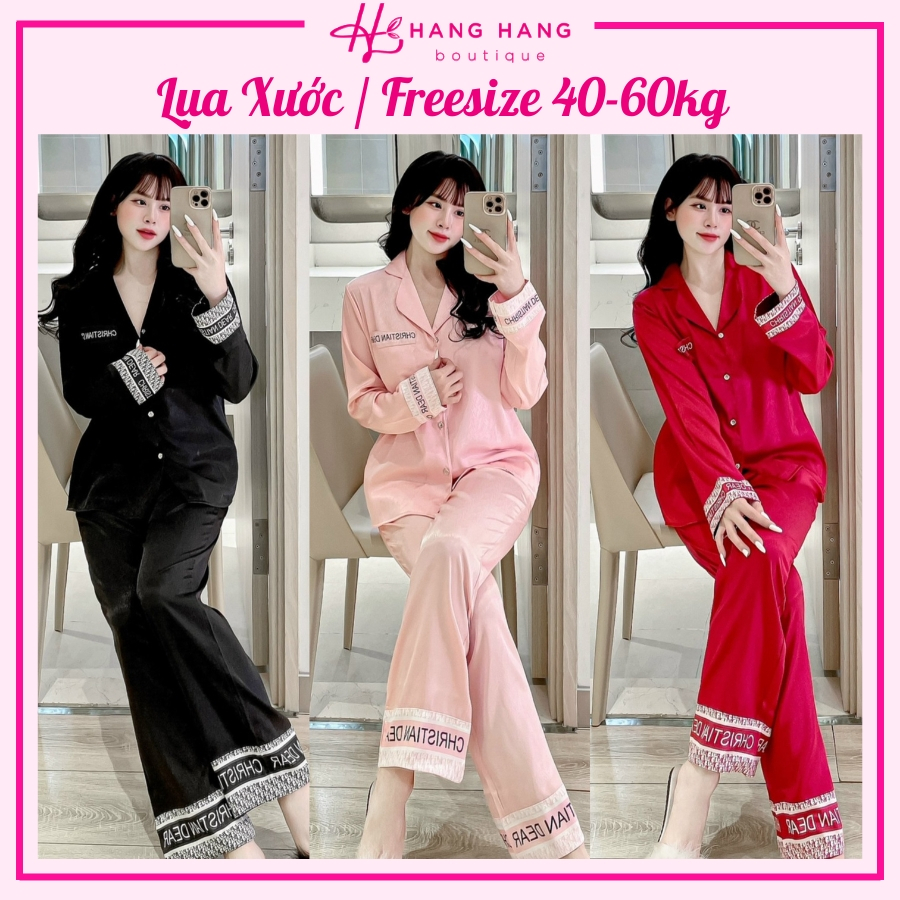 Bộ ngủ freesize 40-60kg, pijama dài tay dài viền chữ lụa xước, đồ bộ nữ đồ ngủ lụa mặc nhà tiểu thư thiết kế sang chảnh