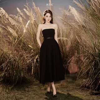 Váy nữ cup ngực dạ tweed ánh nhũ đen Blacki Dress H.I.U Fashion , đầm thiết kế midi ( ko kèm Belt da ) HIU design