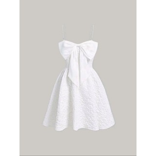 [Bigsize 45-75kg / Order] Đầm váy xòe hai dây chuỗi ngọc đính nơ lớn trước ngực
