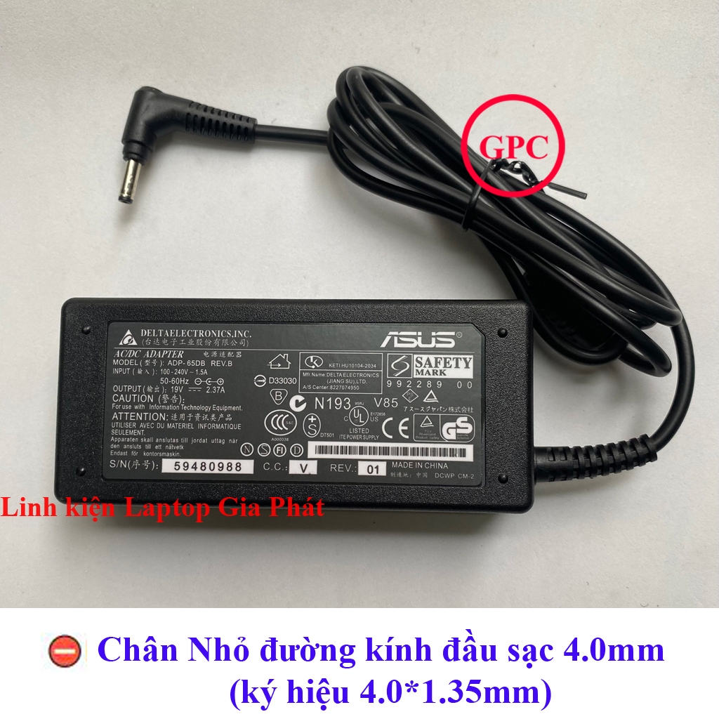 Sạc Laptop Asus 19V 2.37A 45W chân nhỏ 4.0x1.35mm mẫu thay thế củ Hình Chữ Nhật