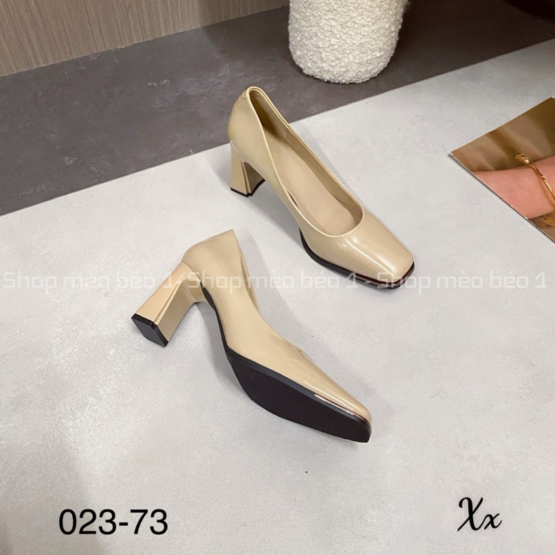 Giày cao gót mũi vuông da bóng gót trụ basic fullbox hàng quảng châu cao cấp