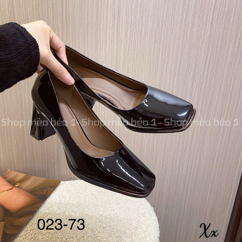 Giày cao gót mũi vuông da bóng gót trụ basic fullbox hàng quảng châu cao cấp
