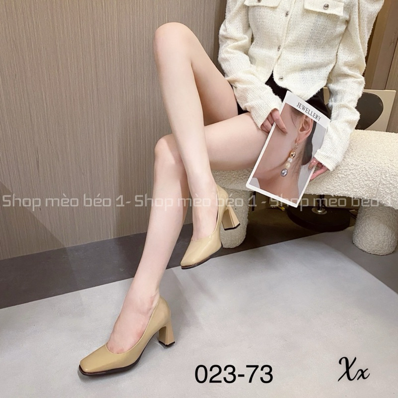Giày cao gót mũi vuông da bóng gót trụ basic fullbox hàng quảng châu cao cấp