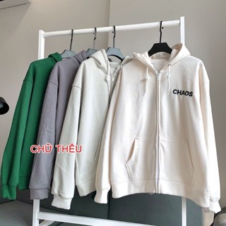 ÁO KHOÁC NỈ SAM CLO nữ freesize hoodie có khóa kéo tay dài thu đông dáng unisex THÊU chữ CHAOS