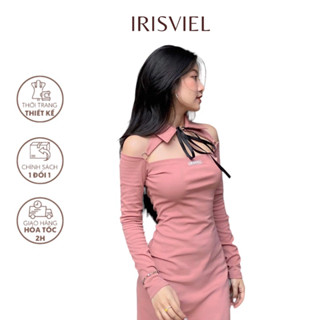 Váy trễ vai thắt nơ IRISVIEL, váy ngắn hở vai thắt nơ cổ đức dài tay ôm body phối khoen kim loại cá tính S/M