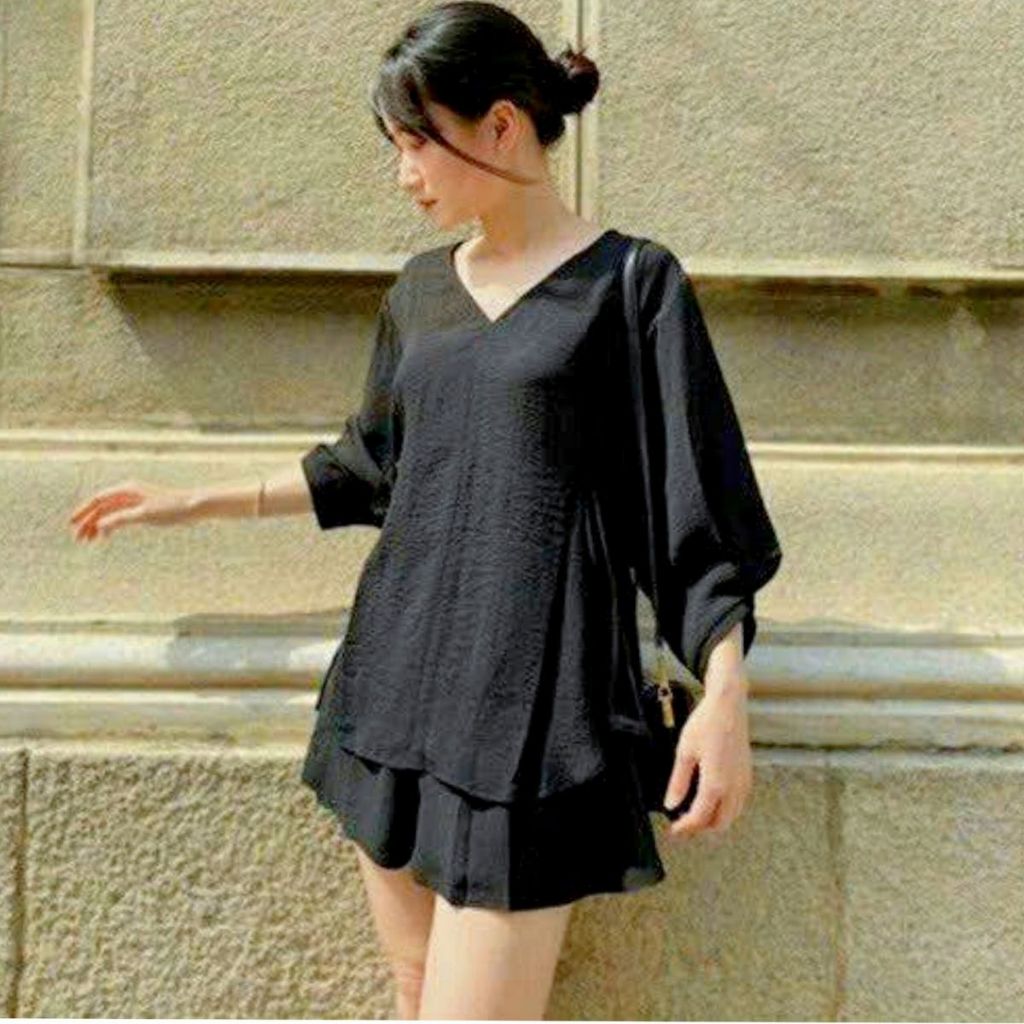 Set đồ thời trang bigsize nữ gồm áo thun tay bồng dáng baby doll có dây nơ kèm quần đùi dáng chữ A-SET59