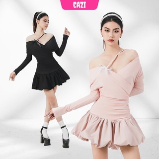 Cazi - Váy trễ vai chéo ngực chân váy xòe bồng - Evelyn Masquerade vải tăm lạnh trẻ trung, sang chảnh