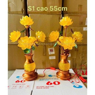 Đôi đèn hoa sen ngọc lưu ly chân đế màu đồng 5 bông bầu ngọc cao cấp