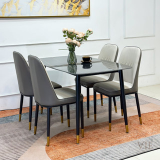 Bộ bàn ăn mặt đá ceramic, chân côn ống mạ vàng, phủ sơn đen tĩnh điện, ghế monet không tay nhập khẩu