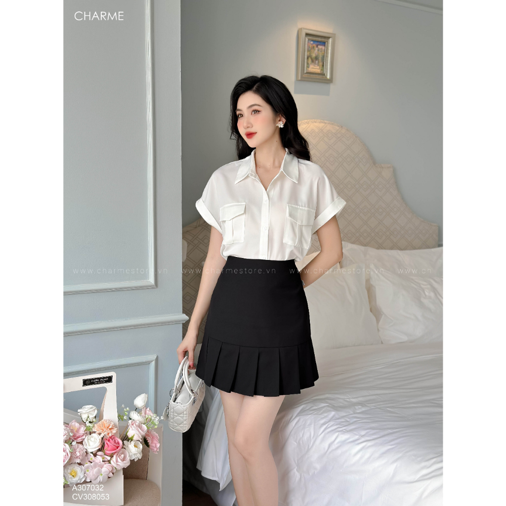 Áo cổ đức tay cánh dơi, túi ốp ngực 2 bên phù hợp đi làm và dễ phối đồ Charme 307032