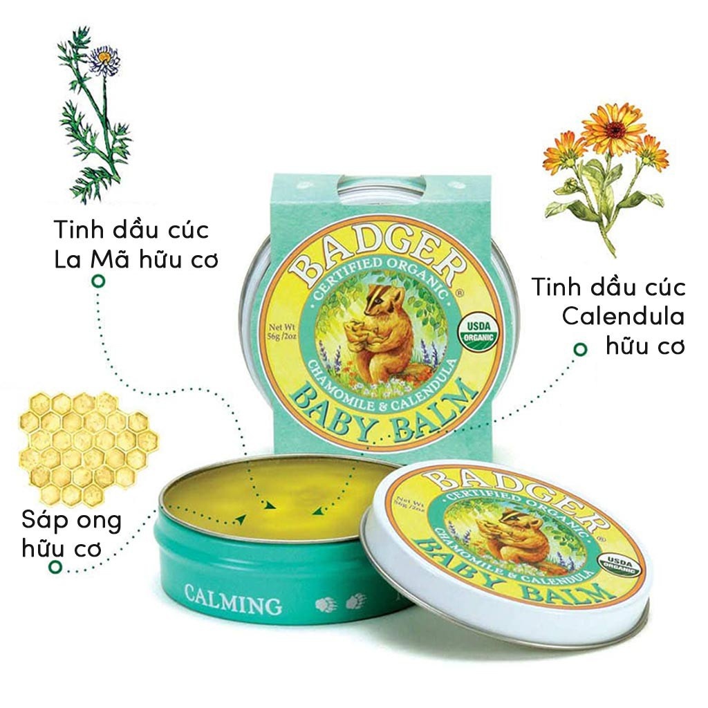 Sáp Dầu Dưỡng Da Em Bé Thành Phần Hữu Cơ USDA Organic BADGER Baby Balm Dưỡng Ẩm Cho Da Khô Ngừa Hăm An Toàn Trẻ Sơ Sinh