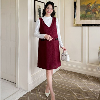 MEDYLA - Yếm bầu công sở thu đông dạ tex đỏ cách điệu nơ lưng giữ ấm cho mẹ bầu - VTA1659