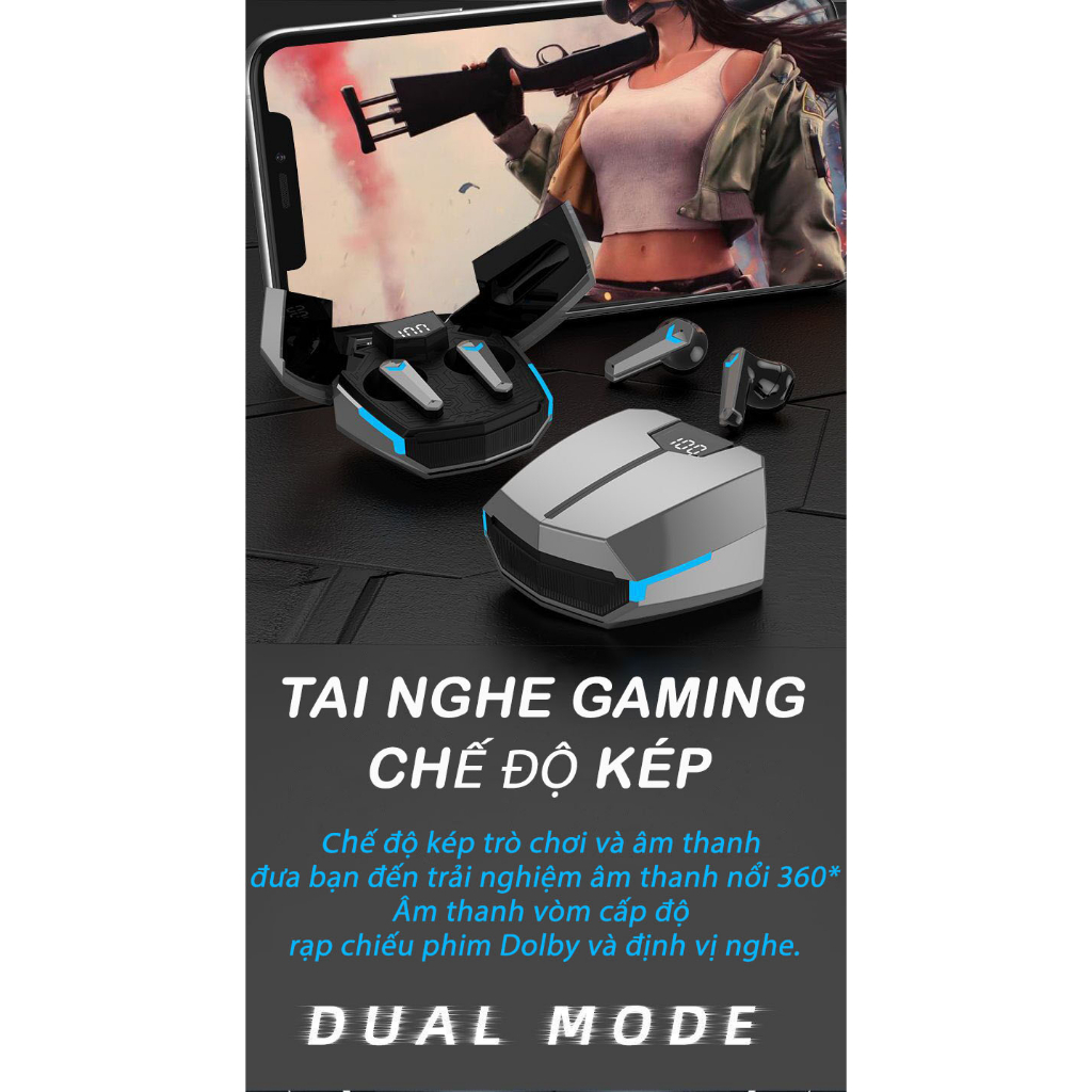 Tai Nghe Gaming JX20 Tws Tai Nghe Chơi Game Không Dây Bluetooth 5.2 - Có Míc Đỗ Trễ Cực Thấp