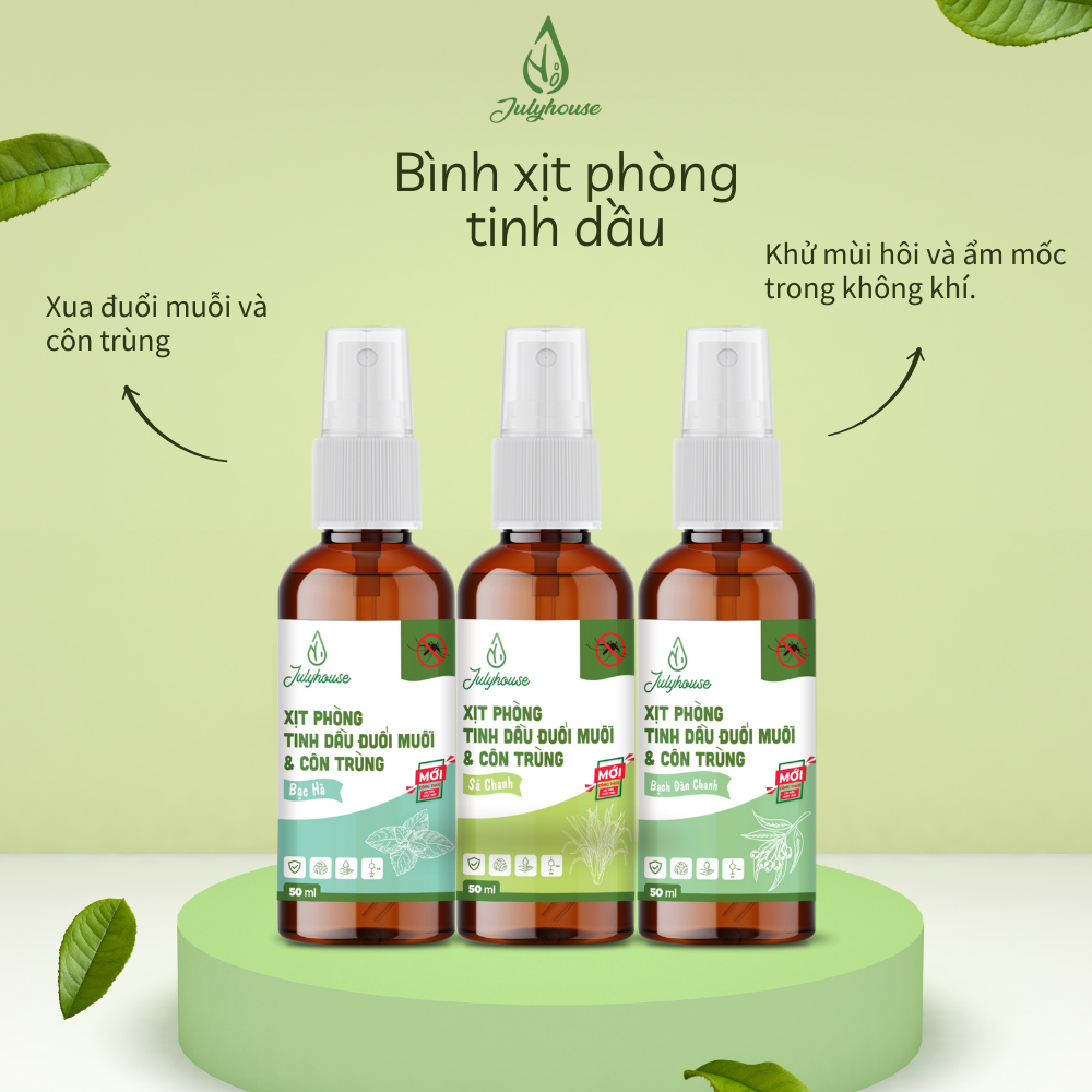 Bình xịt phòng tinh dầu sả chanh, bạc hà, quế đuổi muỗi JULYHOUSE 50ml khử mùi hiệu quả (mùi tự chọn)