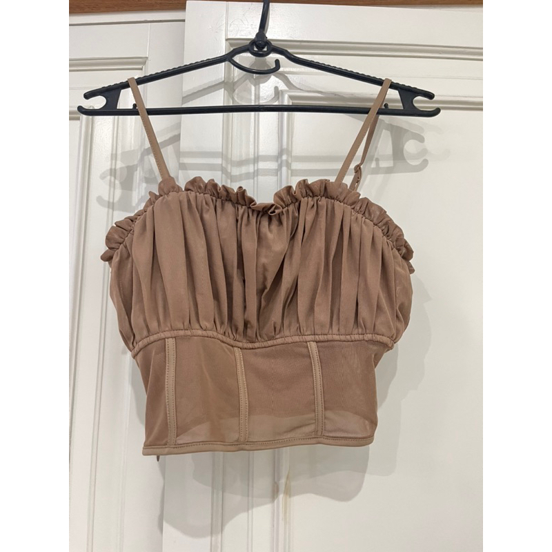 Áo 2 dây croptop bèo nhún nâu tây Shein