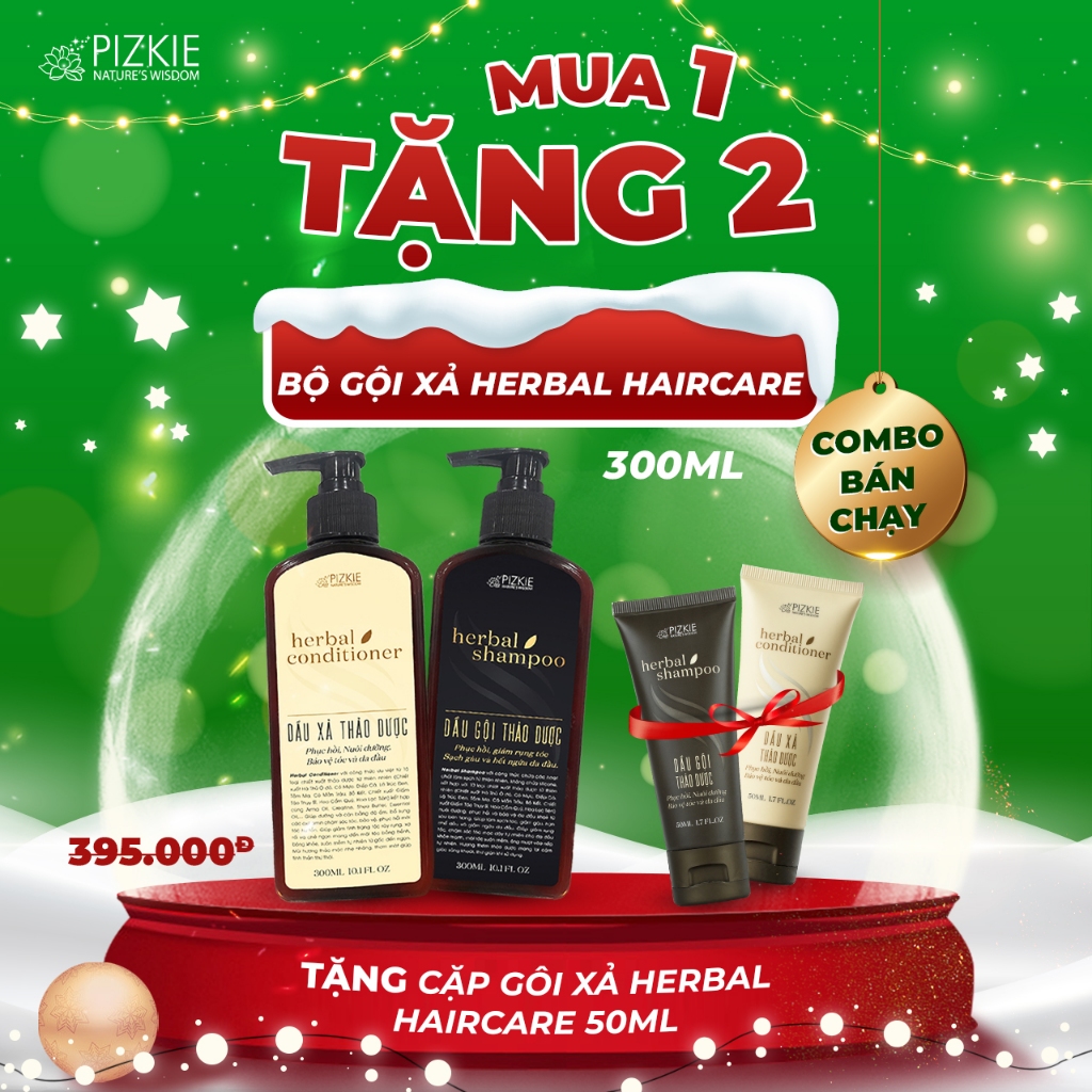 COMBO Dầu Gội, Dầu Xả Thảo Dược Bồ Kết, Hà Thủ Ô Đỏ PIZKIE 300ML Kích Thích Mọc Tóc Sạch Gàu Giúp Tóc Chắc Khoẻ