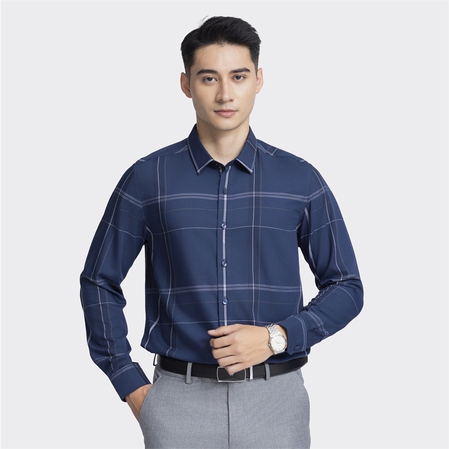Áo sơ mi nam dài tay ARISTINO phom Slim fit ôm vừa vặn, họa tiết kẻ trắng thanh lịch, nhã nhặn - ALS01703