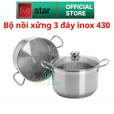 Bộ nồi xửng hấp 3 đáy inox 430 cao cấp Fivestar nắp kính size 20cm | 24cm | 26cm | 28cm | 30cm | 32cm , phù hợp mọi bếp