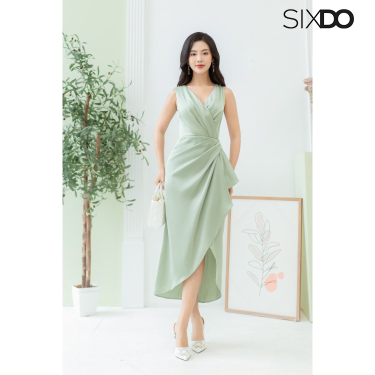 Đầm lụa sát nách cổ V xẻ tà SIXDO (Green Midi Silk Dress)