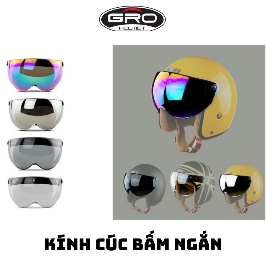 Kính ngắn cúc bấm chính hãng, tiện lợi dành cho mũ phượt, gắn nón 3/4, 1/2