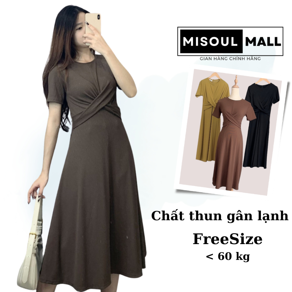 Đầm Thắt Eo Cổ Tròn MiSoul Mall, Váy Dáng Dài Tay Ngắn Chất Liệu Thun Gân Lạnh 162
