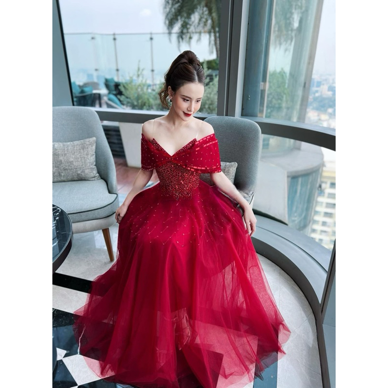 Đầm midi xoè TRIPBLE T DRESS bẹt vai kết cườm siêu xinh - size S/M/L - MS11Y