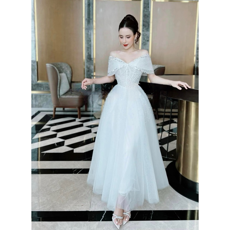 Đầm midi xoè TRIPBLE T DRESS bẹt vai kết cườm siêu xinh - size S/M/L - MS11Y