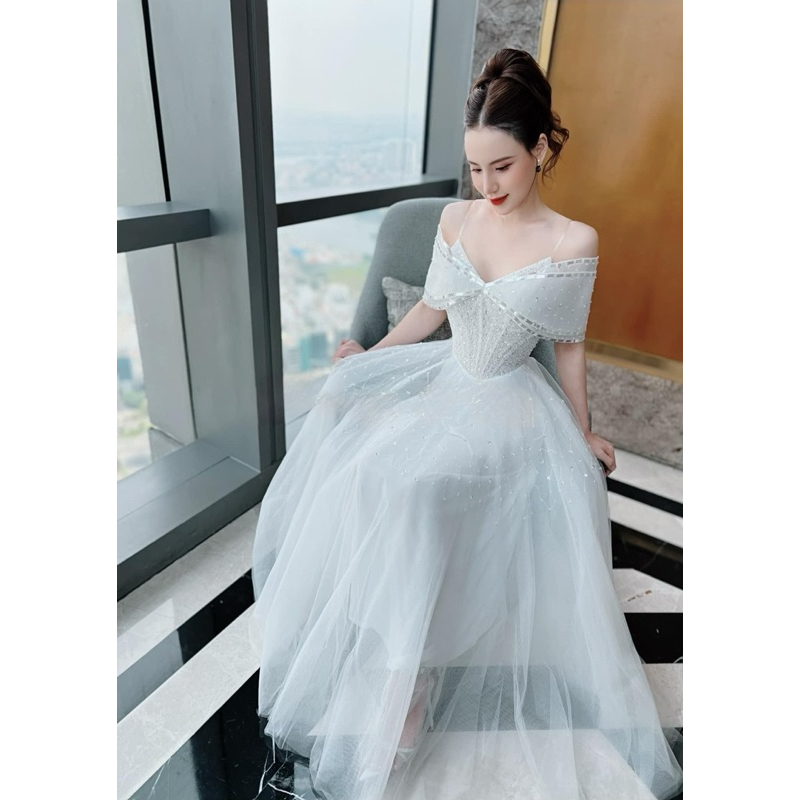 Đầm midi xoè TRIPBLE T DRESS bẹt vai kết cườm siêu xinh - size S/M/L - MS11Y