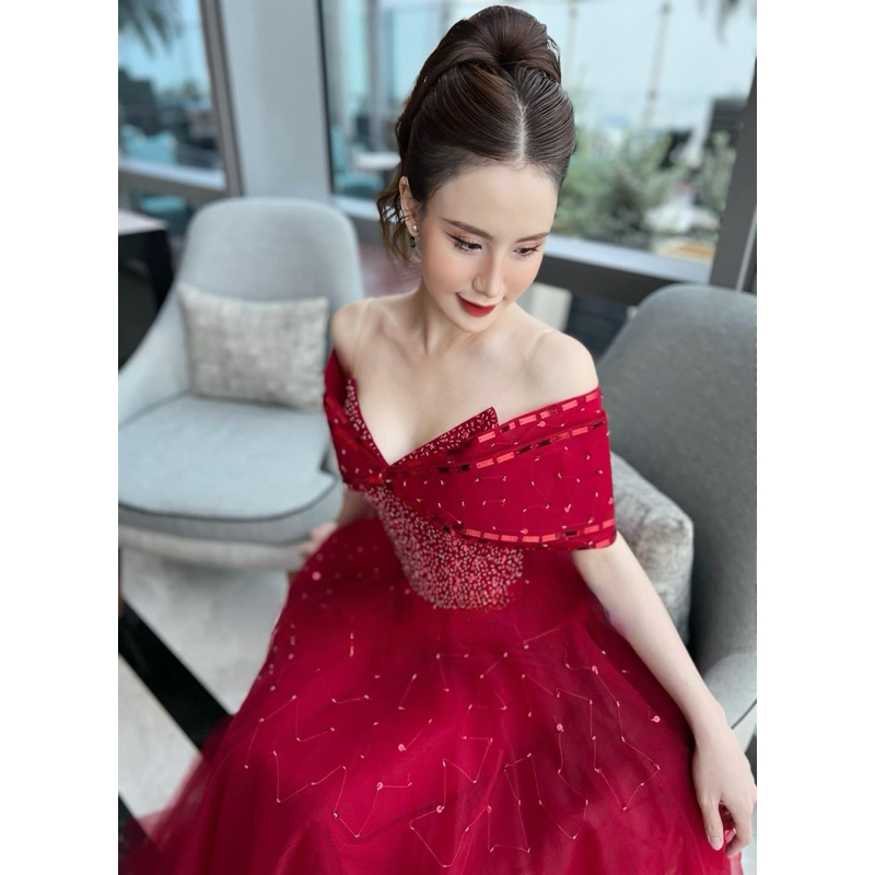 Đầm midi xoè TRIPBLE T DRESS bẹt vai kết cườm siêu xinh - size S/M/L - MS11Y